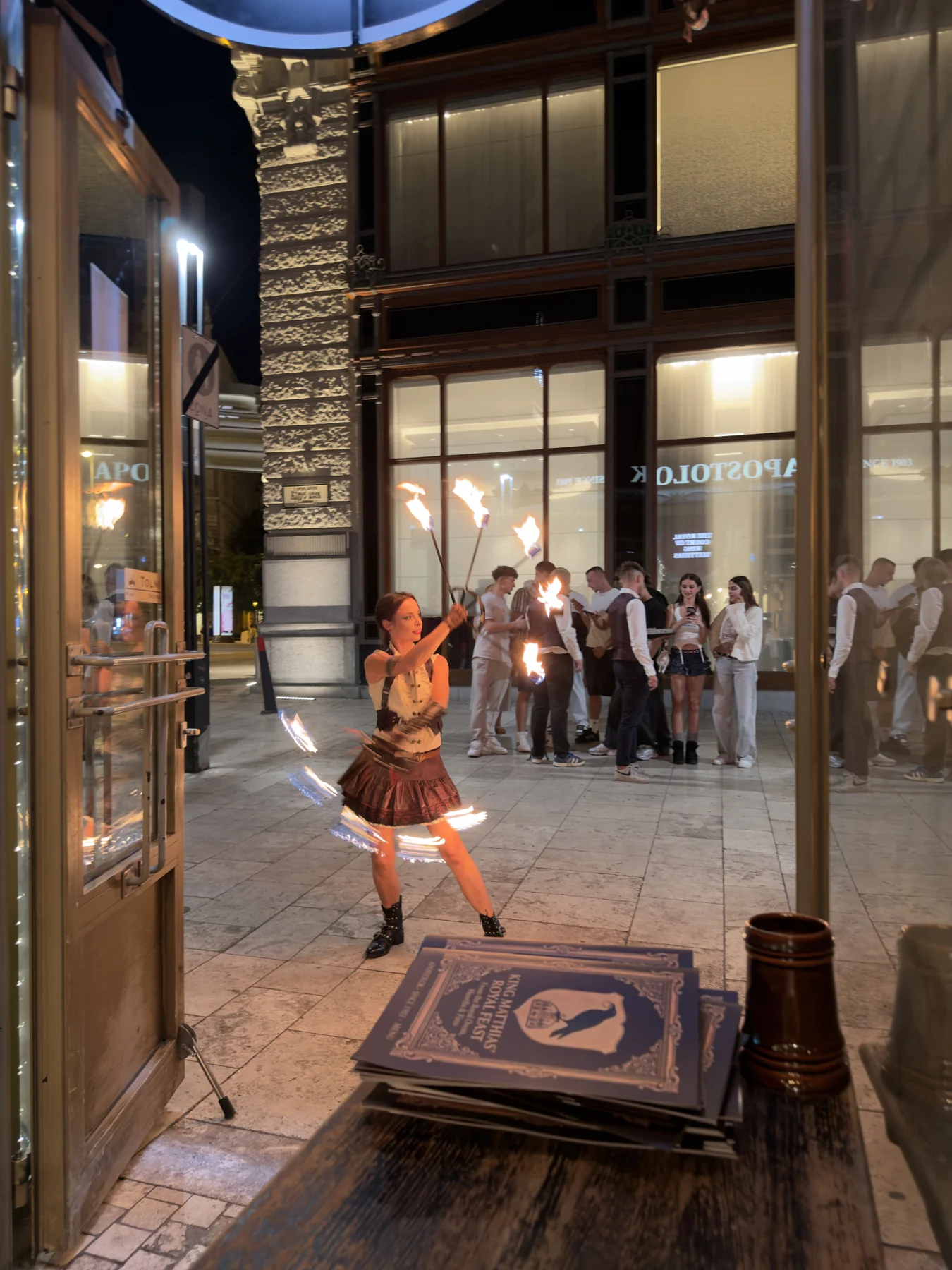A fire performer at Apostolok at night.
